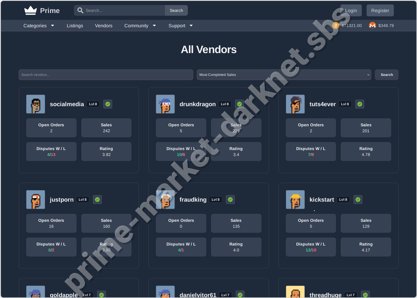 Prime Darknet Market product listings page
